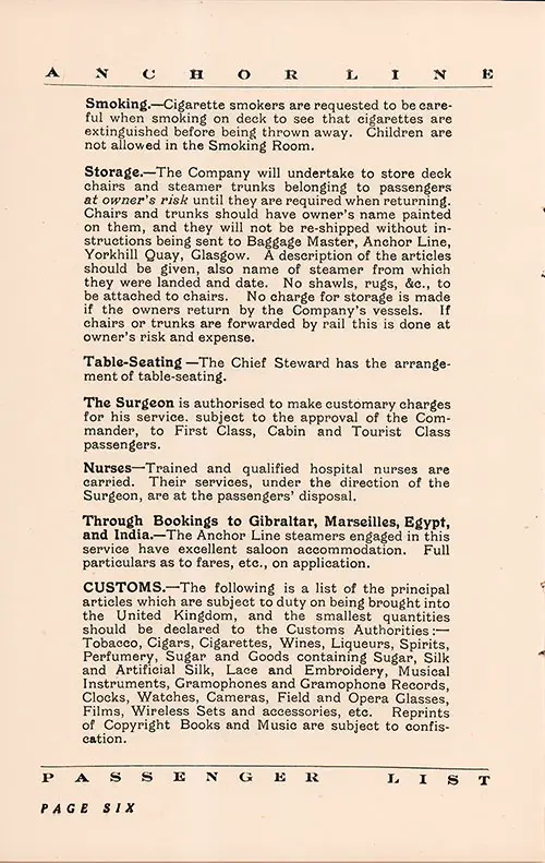 Information for Passengers, Part 6. TSS Cameronia Cabin and Tourist Class Passenger List, 16 August 1933.