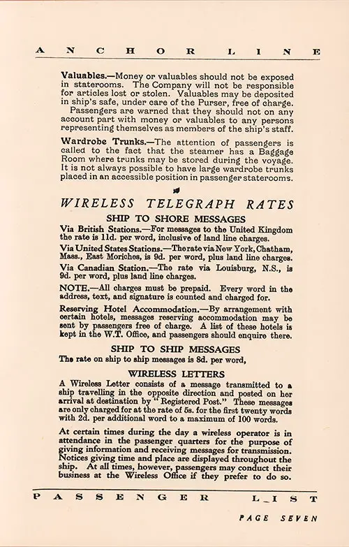 Information for Passengers, Part 7. Wireless Telegraph Rates and Wireless Letters. TSS Cameronia Cabin and Tourist Class Passenger List, 16 August 1933.