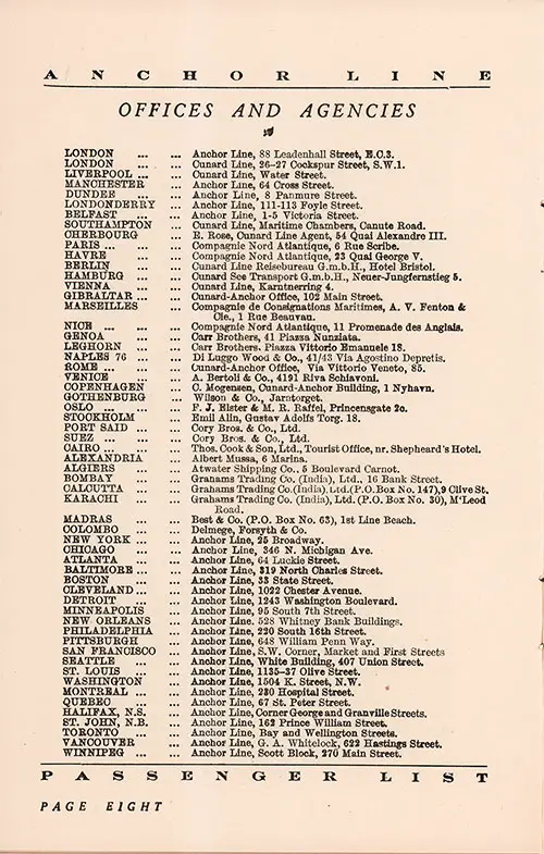 Anchor Line Offices and Agencies. TSS Cameronia Cabin and Tourist Class Passenger List, 16 August 1933.