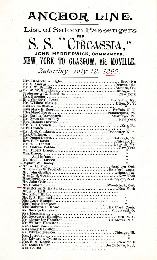 List of Passengers, Part 1, SS Circassia Saloon Class Passenger List, 12 July 1890.