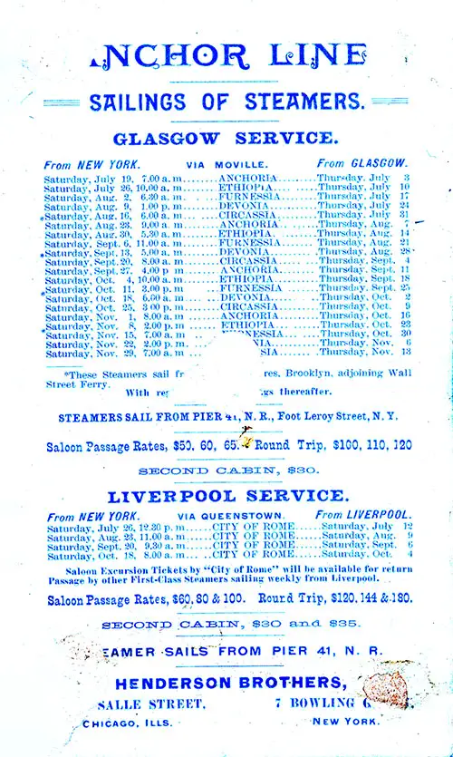 Sailing Schedule, New York-Moville-Glasgow and New York-Queenstown-Liverpool, 19 July 1890 to 13 November 1890.
