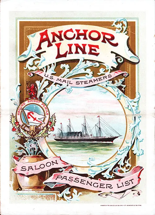 Front Cover of a Saloon Passenger List for the SS Circassia of the Anchor Line, Departing Thursday, 12 August 1897 from Glasgow to New York via Moville