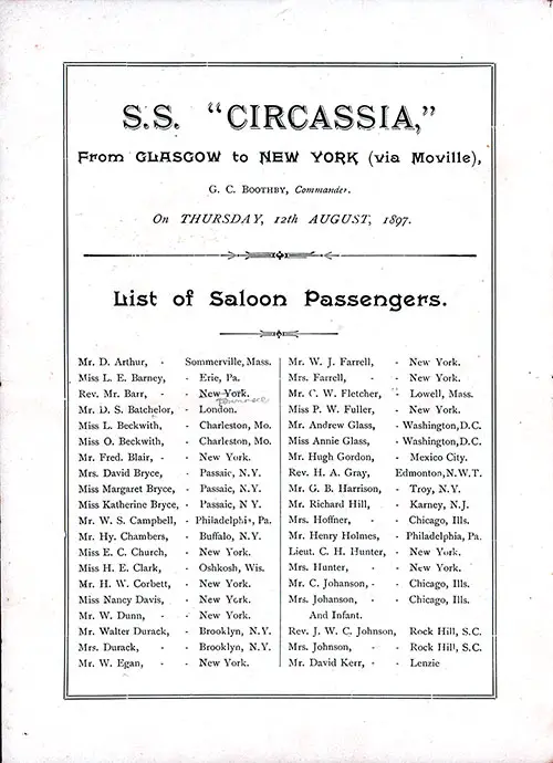 List of Passengers, Part 1, SS Circassia Saloon Passenger List, 12 August 1897.