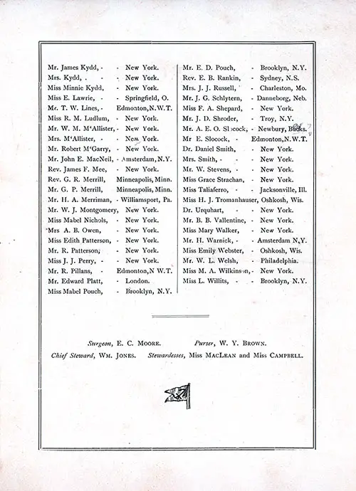 List of Passengers, Part 1, and Senior Officers and Staff. SS Circassia Saloon Passenger List, 12 August 1897.