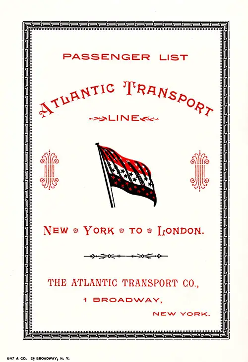 Front Cover of a SS Marquette First Class Passenger List of the Atlantic Transport Line, Departing 15 September 1900 from New York to London.