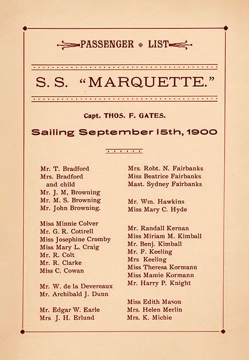 Title Page, List of Passengers, Part 1 (Mr. T. Bradford-Mrs. K. Michie), SS Marquette First Class Passenger List, 15 Septembrer 1900.