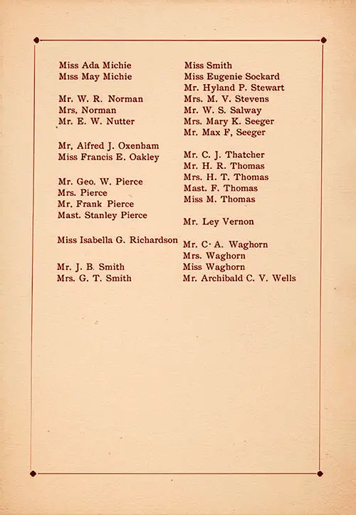 List of Passengers, Part 2 (Miss Ada Michie-Mr. Archibald C. V. Wells). SS Marquette First Class Passenger List, 15 Septembrer 1900.