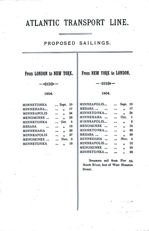 Saling Schedule, London-New York, from 10 September to 26 November 1904.