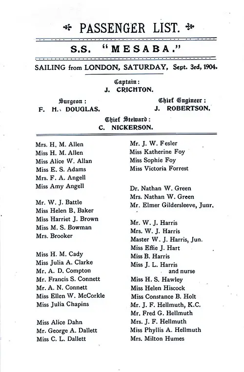 Listing of Senior Officers and List of Passengers, Part 1 (Allen-Humes), SS Mesaba First Class Passenger List, 3 September 1904.