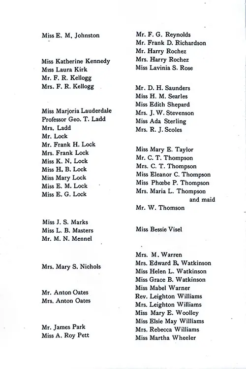 List of Passengers, Part 3 (Johnston-Wheeler), SS Mesaba First Class Passenger List, 3 September 1904.