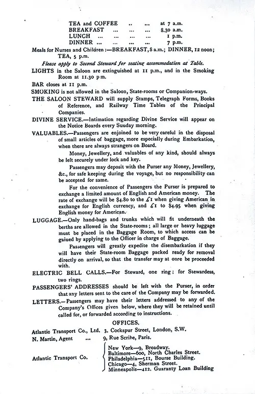 Information for Passengers, SS Mesaba First Class Passenger List, 3 September 1904.