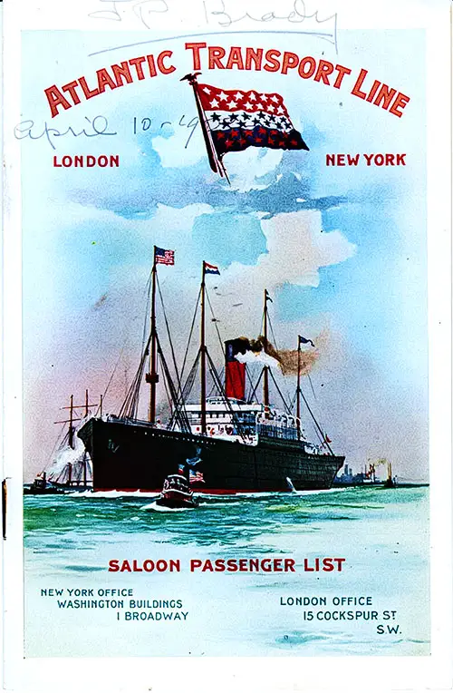 Front Cover, SS Minneapolis Saloon Passenger List, Departing 10 April 1902 from London to New York.