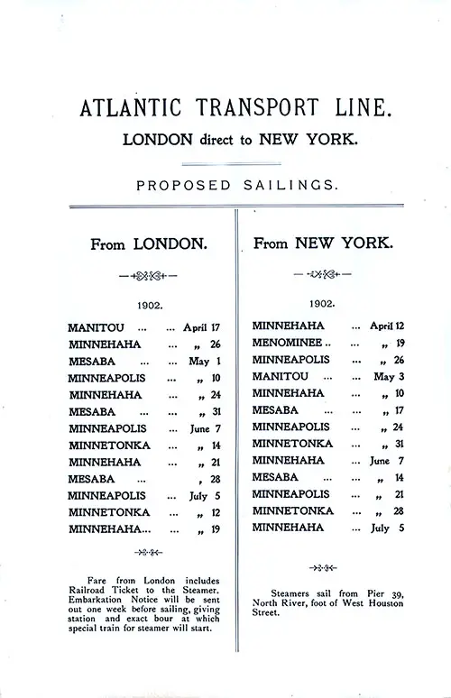 ATL Sailing Schedule, London-New York, From 12 April 1902 to 19 July 1902.