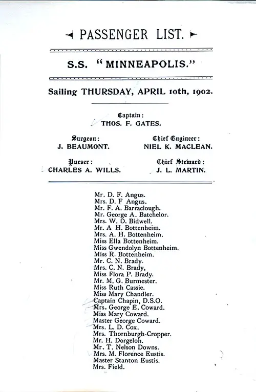 Title Page, Listing of Senior Officers, List of Passengers, Part 1 (Angus-Field). SS Minneapolis Saloon Passenger List, 10 April 1902.