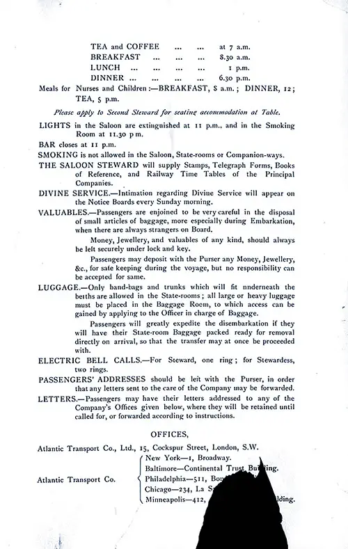 Information for Passengers and ATL Offices. SS Minneapolis Saloon Passenger List, 10 April 1902.