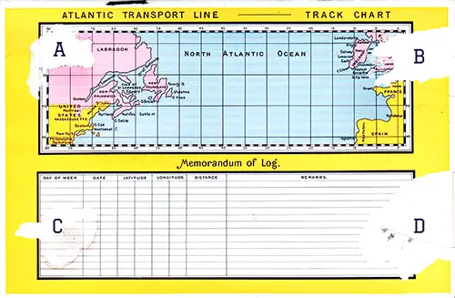 Atlantic Transport Line Track Chart of North Atlantic Ocean and Memorandum of Log (Unused).