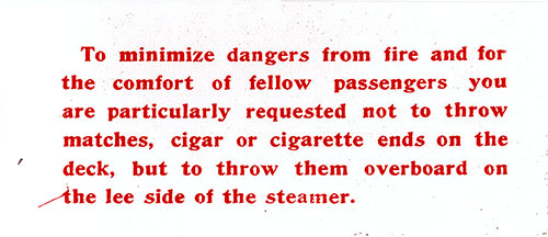 Warning - Fire Danger. This Notice Was Affixed to an Inside Page of the 10 April 1902 SS Minneapolis Saloon Passenger List.