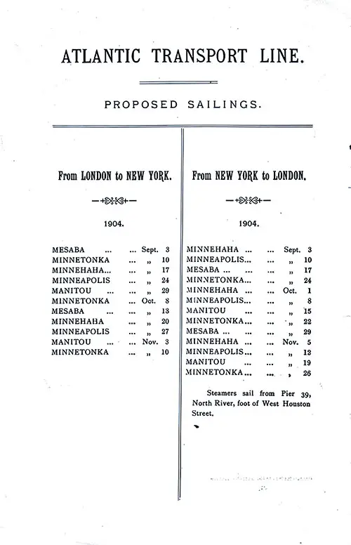 ATL Sailing Schedule, London-New York Service, 3 September 1904 to 25 November 1904.