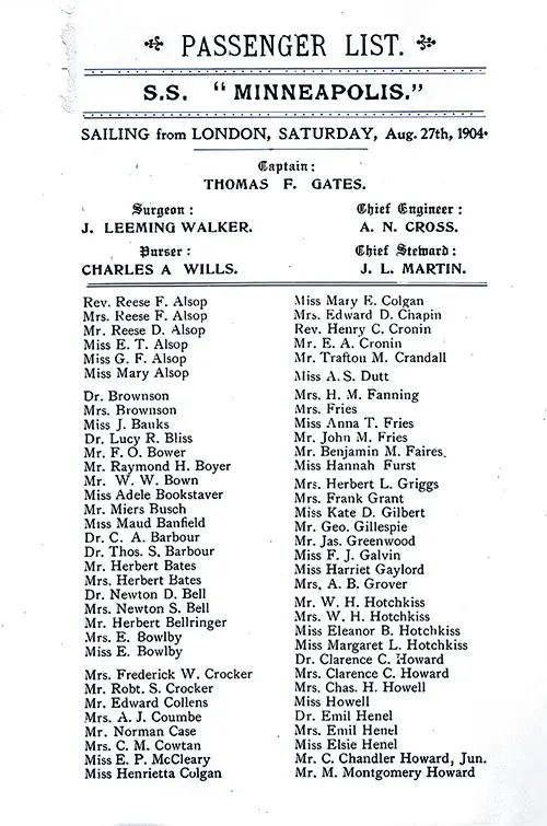 Title Page, Listing of Senior Officers, List of Passengers, Part 1 (Alsop-Howard). SS Minneapolis First Class Passenger List, 27 August 1904.