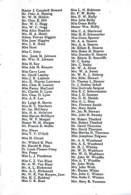 List of Passengers, Part 2 (Howard-Yeomans). SS Minneapolis First Class Passenger List, 27 August 1904.