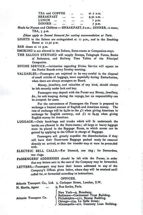 Information for Passengers and ATL Offices. SS Minneapolis First Class Passenger List, 27 August 1904.