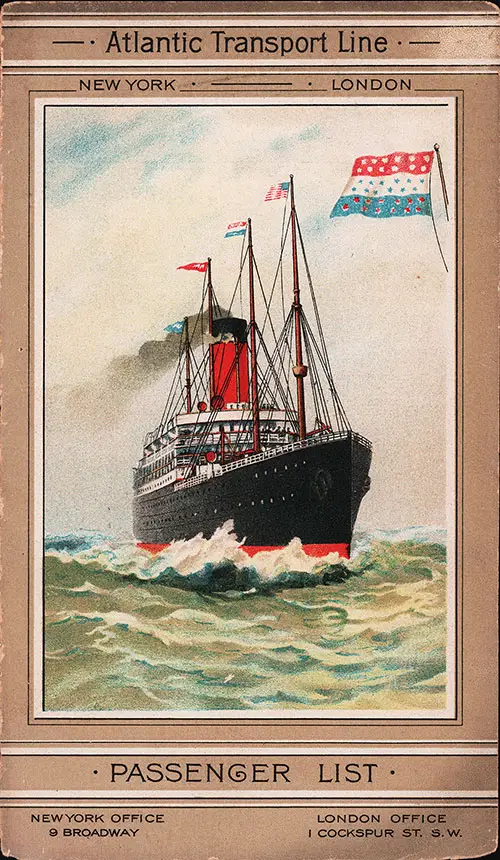 Front Cover, SS Minneapolis First Class Passenger List, Departing Saturday, 30 September 1905 from New York to London.