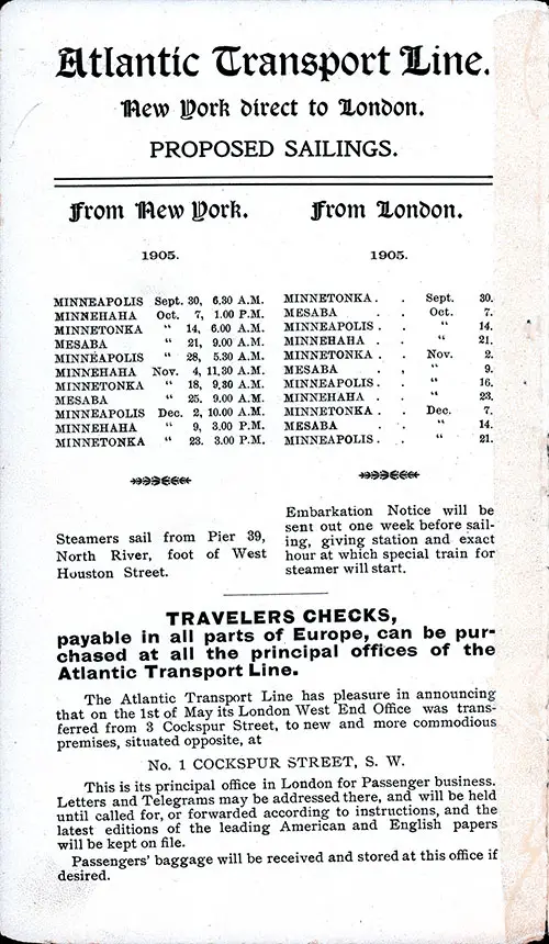 ATL Sailing Schedule, New York-London Service, From 30 September 1905 to 23 December 1905.