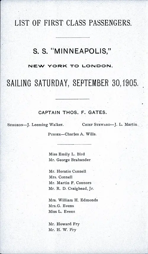 Title Page, Listing of Senior Officers, List of Passengers, Part 1 (Bird-Fry). SS Minneapolis First Class Passenger List, 30 September 1905.