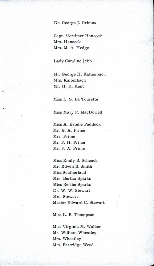 List of Passengers, Part 2 (Grimes-Wood). SS Minneapolis First Class Passenger List, 30 September 1905.