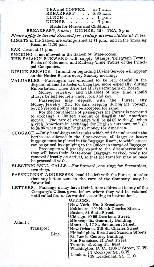 Information for Passengers, Atlantic Transport Line Offices. SS Minneapolis First Class Passenger List, 30 September 1905.
