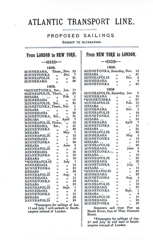 ATL Sailing Schedule, London-New York Service, 18 November 1905 to 29 September 1906.