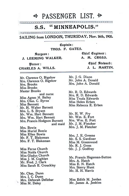 Title Page, Listing of Senior Officers, List of Passengers, Part 1 (Bigelow-Jenkins). SS Minneapolis First Class Passenger List, 16 November 1905.