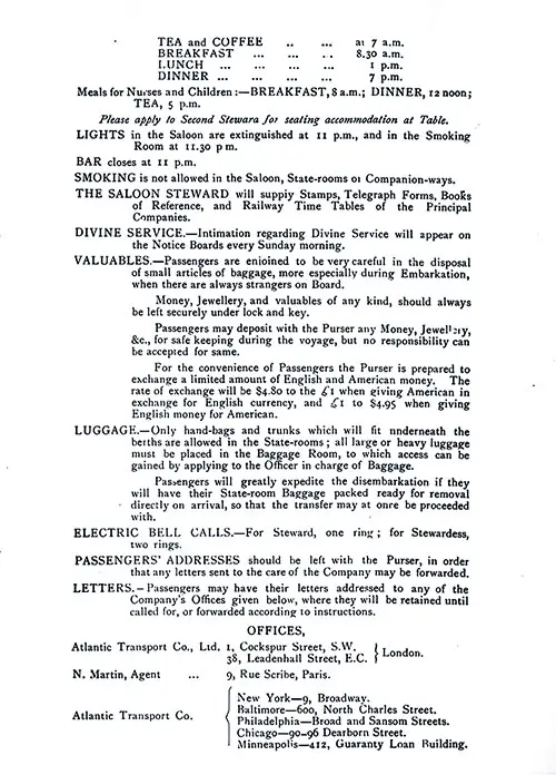 Information for Passengers and Atlantic Transport Line Offices. SS Minneapolis First Class Passenger List, 16 November 1905.