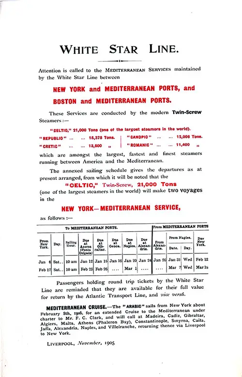 White Star Line Mediterranean Services Announcement and Mediterranean Cruise.—the "Arabic" Sails From New York About February Sth, 1906.