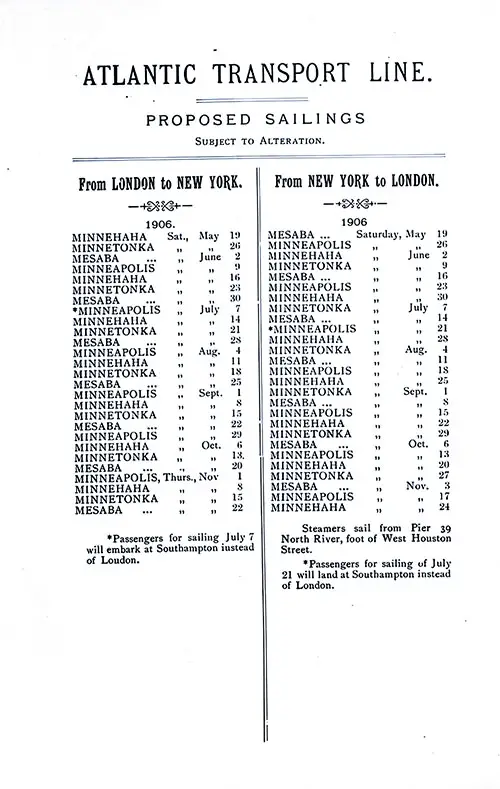 ATL Sailing Schedule, London-New York Service, From 19 May 1906 to 24 November 1906.