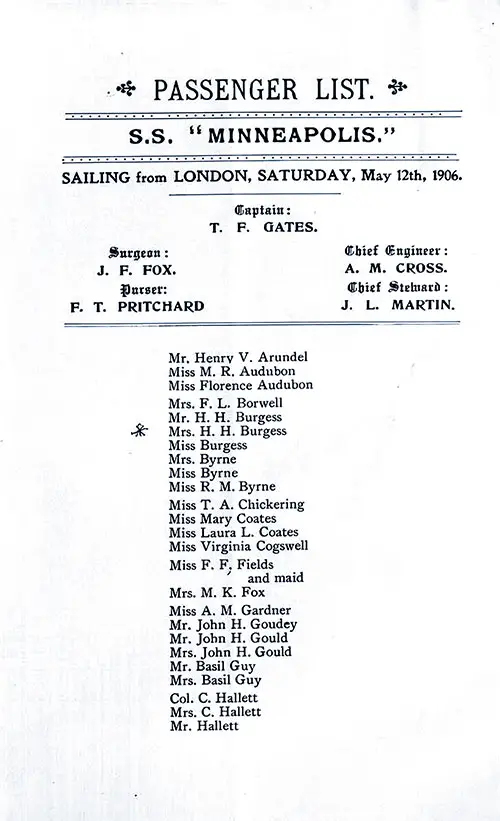 Title Page, Listing of Senior Officers, List of Passengers, Part 1 (Arundel-Hallett). SS Minneapolis First Class Passenger List, 12 May 1906.