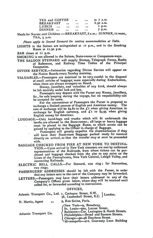 Information for Passengers and ATL Offices. SS Minneapolis First Class Passenger List, 12 May 1906.