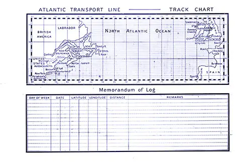 Back Cover: Atlantic Transport Line North Atlantic Ocean Track Chart and Memorandum of Log, (Unused). SS Minneapolis First Class Passenger List, 12 May 1906.