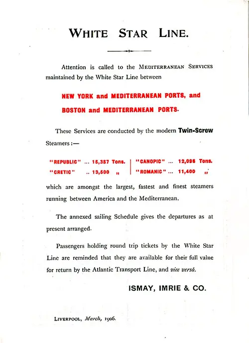 Annoucement: White Star Line Mediterranean Service, London, March 1906. SS Minneapolis First Class Passenger List, 12 May 1906.
