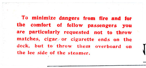 Insert: Fire Warning. SS Minneapolis First Class Passenger List, 12 May 1906.