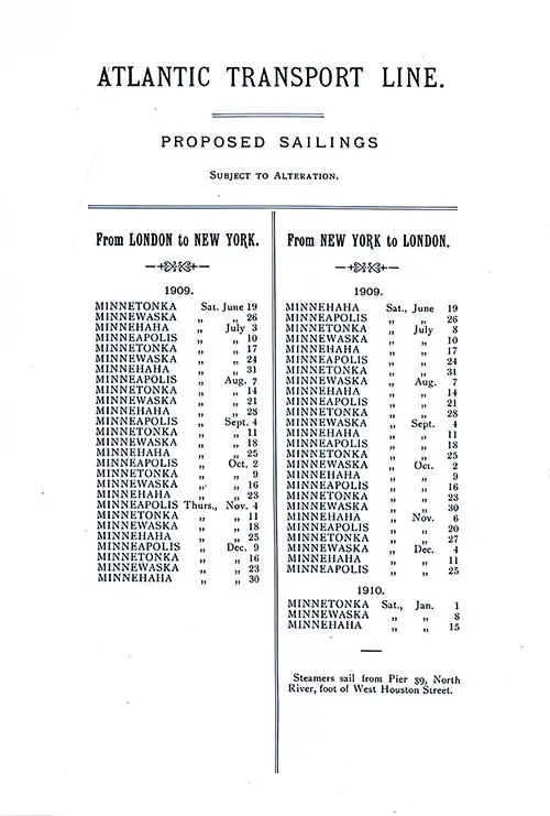 ATL Sailing Schedule, London-New York Service, From 19 June 1909 to 15 January 1910.