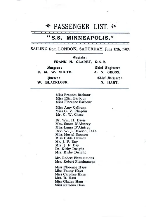 Title Page, Listing of Senior Officers, List of Passengers, Part 1 (Barbour-Ham).