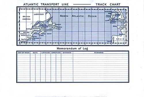 Back Cover. Atlantic Transport Line Track Chart of the North Atlantic Ocean and Memorandum of Log (Unused).