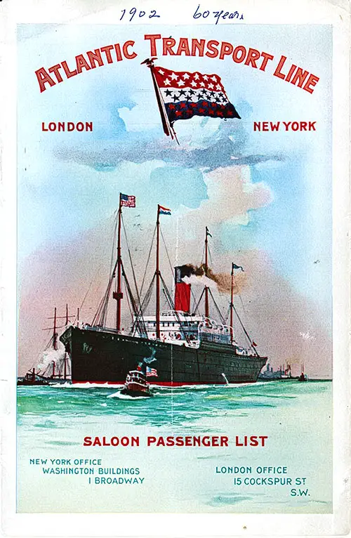 Front Cover, SS Minnehaha Saloon Passenger List, Departing 16 August 1902 from London to New York.