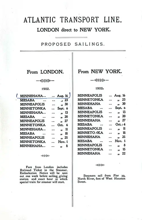 ATL Sailing Schedule, London-New York Service, From 16 August 1902 to 22 November 1902.