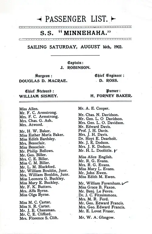 Title Page, Listing of Senior Officers, List of Passengers, Part 1 (Allen-Glasgow). SS Minnehaha Saloon Passenger List, 16 August 1902.