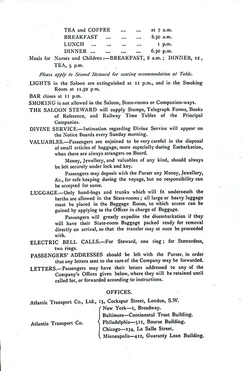 Information for Passengers and Atlantic Transport Co., Ltd. Offices. SS Minnehaha Saloon Passenger List, 16 August 1902.