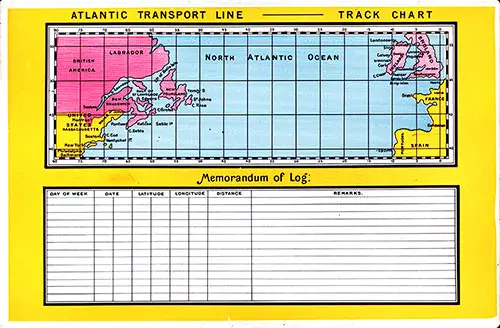 Atlantic Transport Line Track Chart of the North Atlantic Ocean with Memorandum of Log (Unused), 1902.