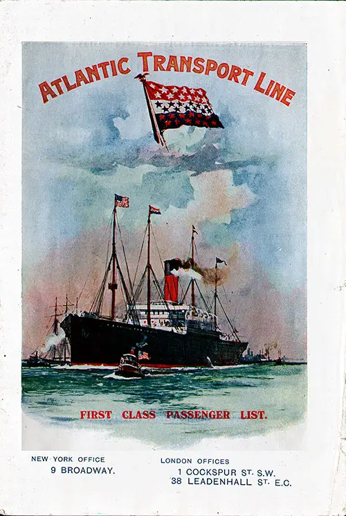 Front Cover, SS Minnehaha First Class Passenger List Departing 5 February 1910 from Southampton to New York.