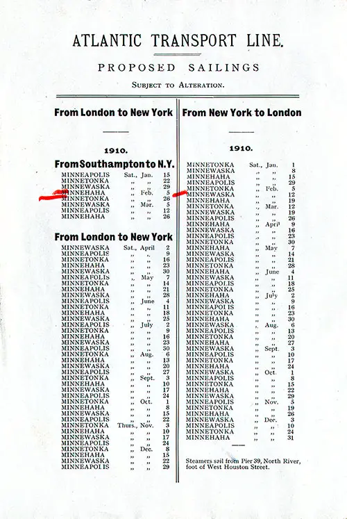 ATL Sailing Schedule, London-New York Service, From 1 January 1910 to 31 December 1910.